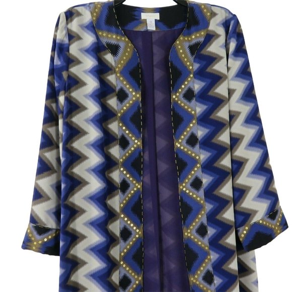 Chico's 0 Long Open Front Kimono Duster Coat Purple Gold Beaded Sequence Lined - Picture 6 of 12